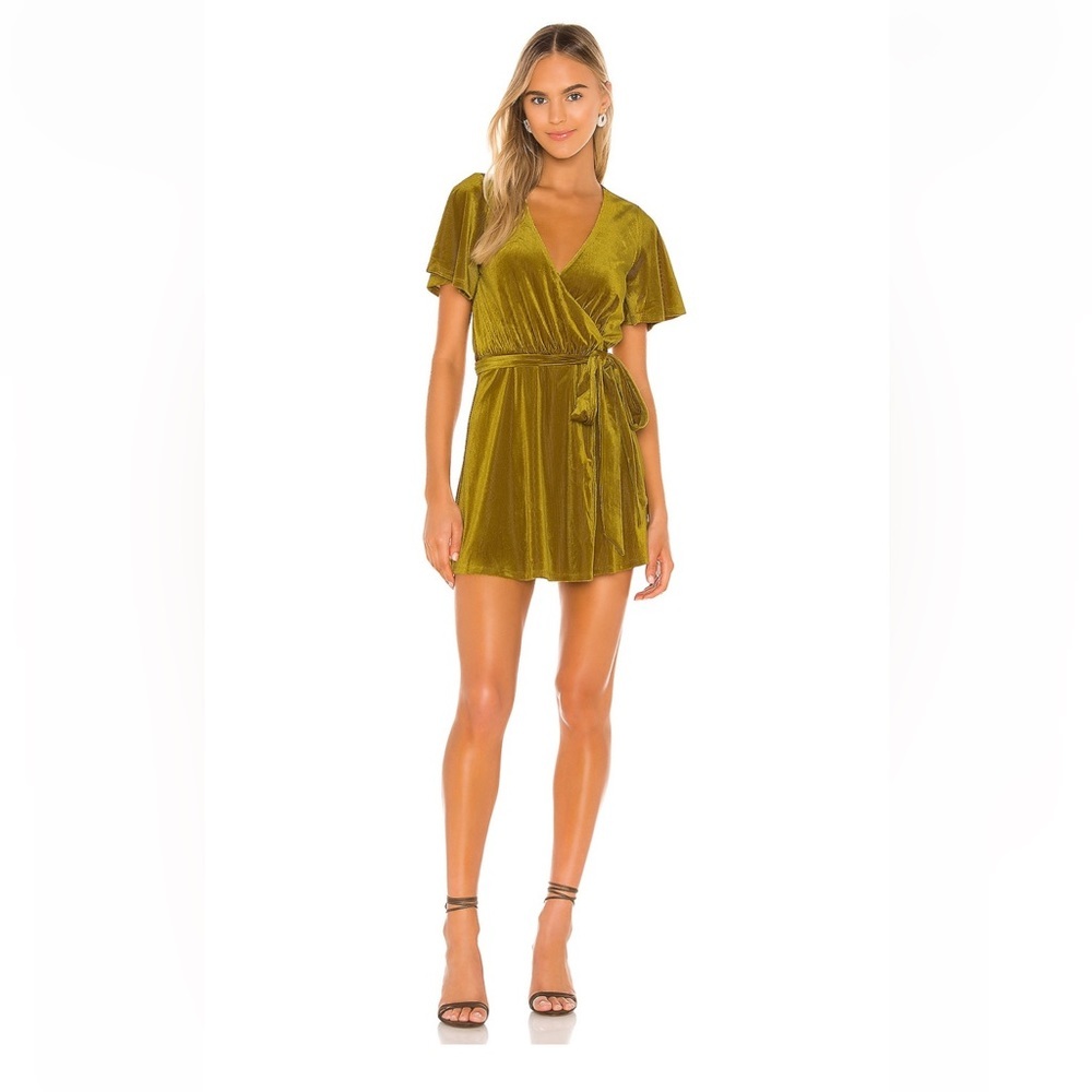Layla Lovers + Friends Revolve Mini Dress Velvet Wrap in Gold Mustard - Picture 2 of 5